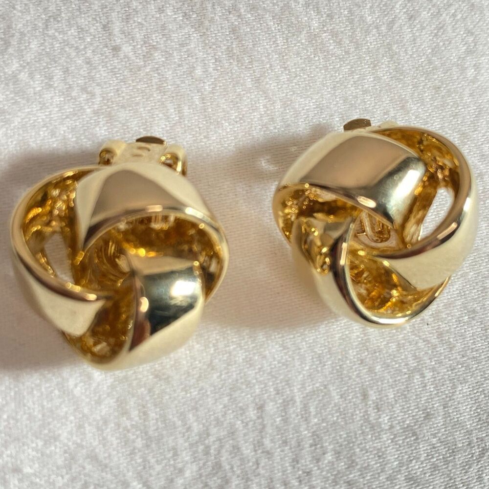 💎Gold Tone Knotted Stud Clip On Earrings Non Pierced Vintage Costume Jewelry
